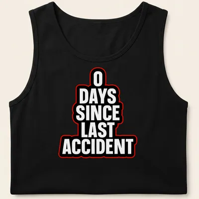 Humorous T-shirt with bold typography stating '0 DAYS SINCE LAST ACCIDENT' in black, white, and red — printed on a tank top