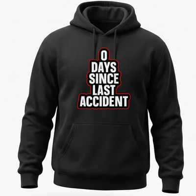 Humorous T-shirt with bold typography stating '0 DAYS SINCE LAST ACCIDENT' in black, white, and red — printed on a unisex hoodie