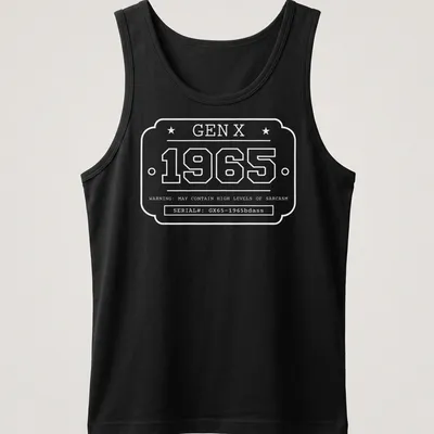 Vintage industrial design featuring a Gen X badge with bold lettering — printed on a tank top