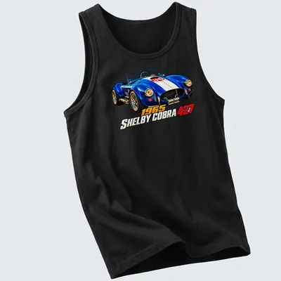 Realistic print of a 1965 Shelby Cobra 427 racing car in blue, white, and red — printed on a tank top