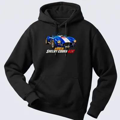 Realistic print of a 1965 Shelby Cobra 427 racing car in blue, white, and red — printed on a unisex hoodie