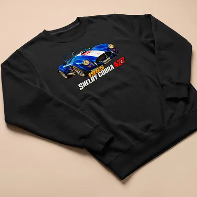 Realistic print of a 1965 Shelby Cobra 427 racing car in blue, white, and red — printed on a unisex sweatshirt
