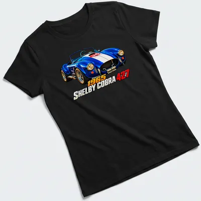 Realistic print of a 1965 Shelby Cobra 427 racing car in blue, white, and red — printed on a women's shirt