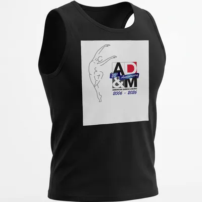 Minimalist line art of a dancer with text celebrating 20th Anniversary of AD&M — printed on a tank top
