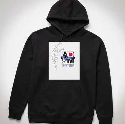 Minimalist line art of a dancer with text celebrating 20th Anniversary of AD&M — printed on a unisex hoodie