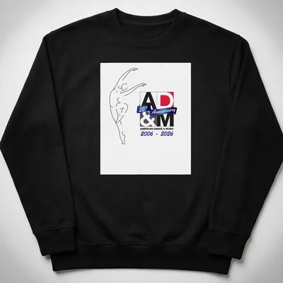 Minimalist line art of a dancer with text celebrating 20th Anniversary of AD&M — printed on a unisex sweatshirt