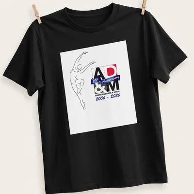 Minimalist line art of a dancer with text celebrating 20th Anniversary of AD&M — printed on a unisex t-shirt
