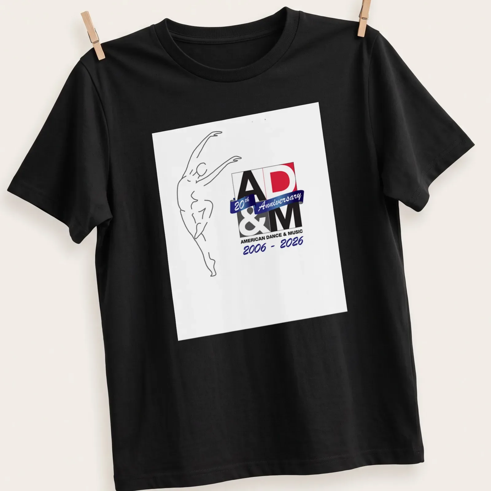 Minimalist line art of a dancer with text celebrating 20th Anniversary of AD&M — printed on a unisex t-shirt