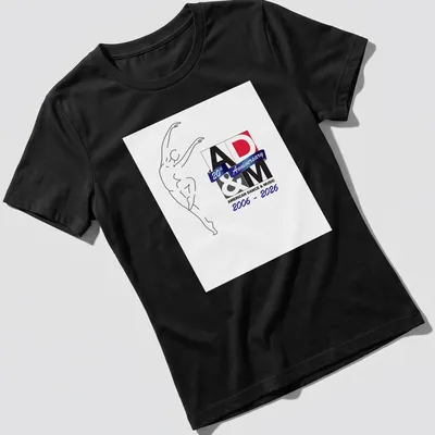 Minimalist line art of a dancer with text celebrating 20th Anniversary of AD&M — printed on a women's shirt
