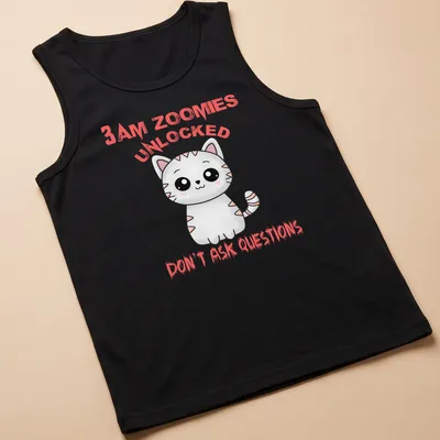 Cute cartoon cat t-shirt with pink and black text about late-night zoomies — printed on a tank top