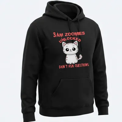 Cute cartoon cat t-shirt with pink and black text about late-night zoomies — printed on a unisex hoodie