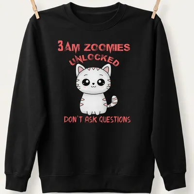Cute cartoon cat t-shirt with pink and black text about late-night zoomies — printed on a unisex sweatshirt