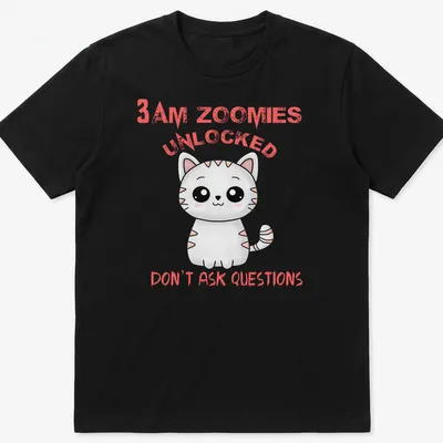 Cute cartoon cat t-shirt with pink and black text about late-night zoomies