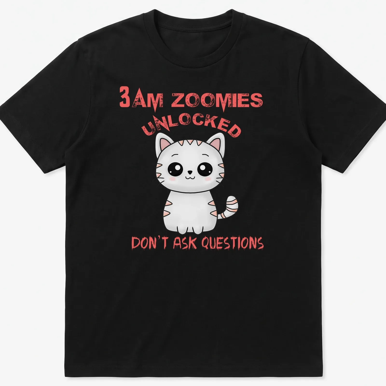 Cute cartoon cat t-shirt with pink and black text about late-night zoomies — printed on a unisex t-shirt