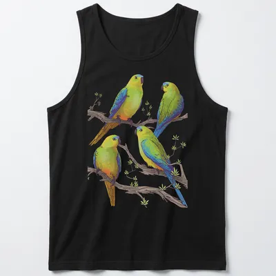 Illustration of four colorful parrots on branches, showcasing vibrant hues — printed on a tank top