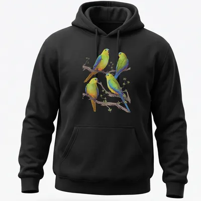 Illustration of four colorful parrots on branches, showcasing vibrant hues — printed on a unisex hoodie