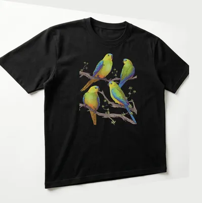 Illustration of four colorful parrots on branches, showcasing vibrant hues — printed on a unisex t-shirt (angled view)