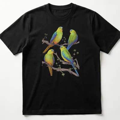 Illustration of four colorful parrots on branches, showcasing vibrant hues