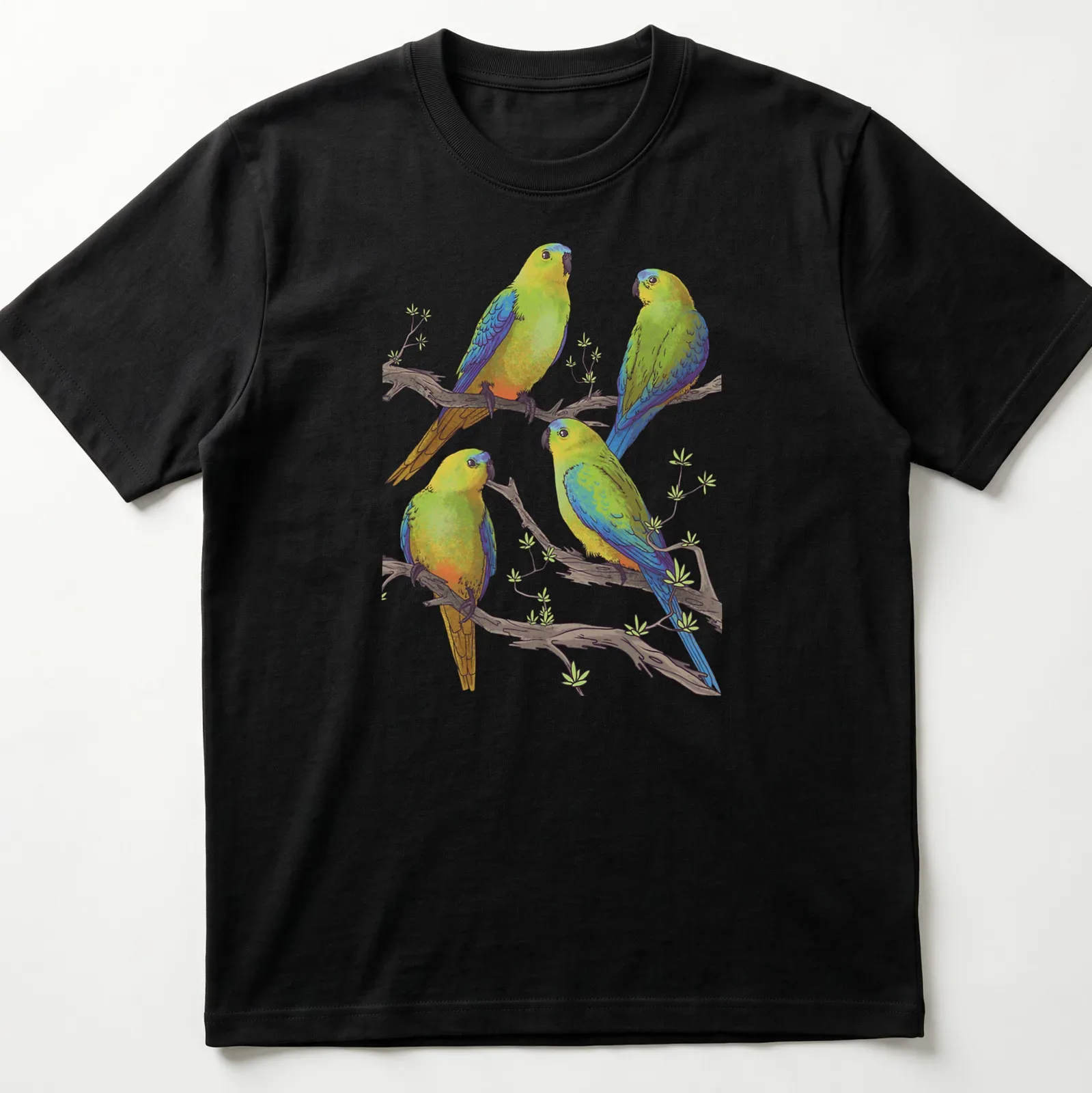 Illustration of four colorful parrots on branches, showcasing vibrant hues — printed on a unisex t-shirt
