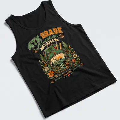 Vintage floral design featuring a backpack, mountains, and flowers with inspirational text — printed on a tank top