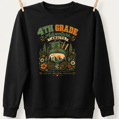 Vintage floral design featuring a backpack, mountains, and flowers with inspirational text — printed on a unisex sweatshirt