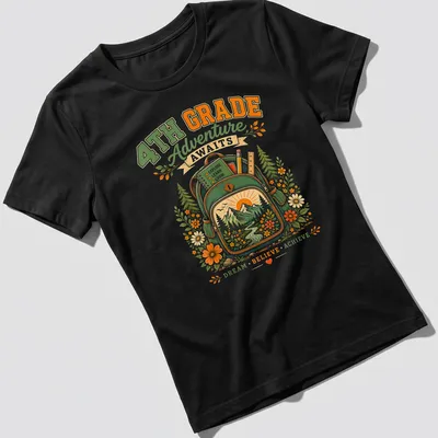 Vintage floral design featuring a backpack, mountains, and flowers with inspirational text — printed on a women's shirt
