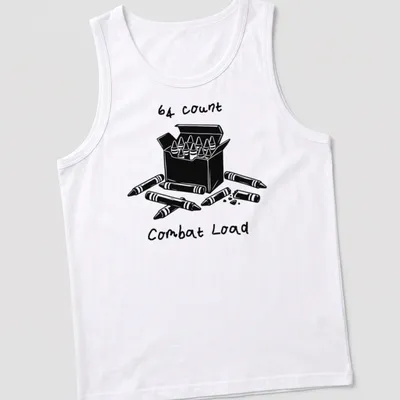 Black and white line art of a crayons box with printed text: 64 Count Combat Load — printed on a tank top