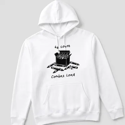 Black and white line art of a crayons box with printed text: 64 Count Combat Load — printed on a unisex hoodie