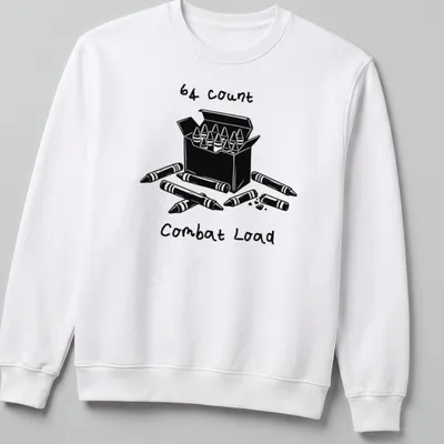 Black and white line art of a crayons box with printed text: 64 Count Combat Load — printed on a unisex sweatshirt