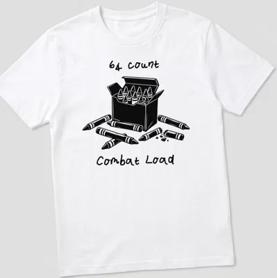 Black and white line art of a crayons box with printed text: 64 Count Combat Load — printed on a unisex t-shirt