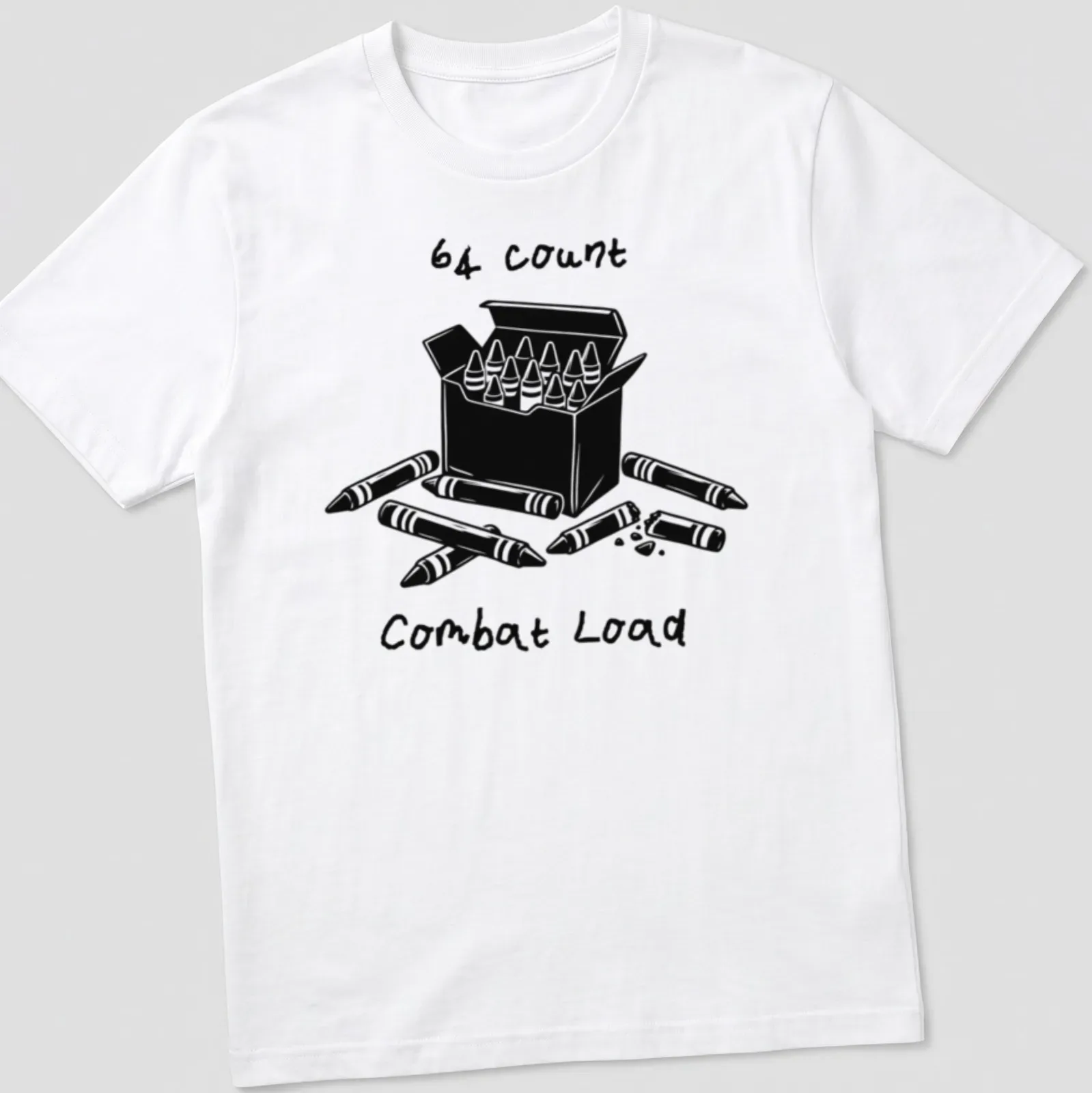 Black and white line art of a crayons box with printed text: 64 Count Combat Load — printed on a unisex t-shirt