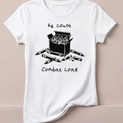 Black and white line art of a crayons box with printed text: 64 Count Combat Load — printed on a women's shirt