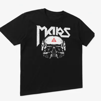 Minimalist T-shirt featuring a triad skull with the text 'A Beautiful Lie' in white and red — printed on a unisex t-shirt (angled view)