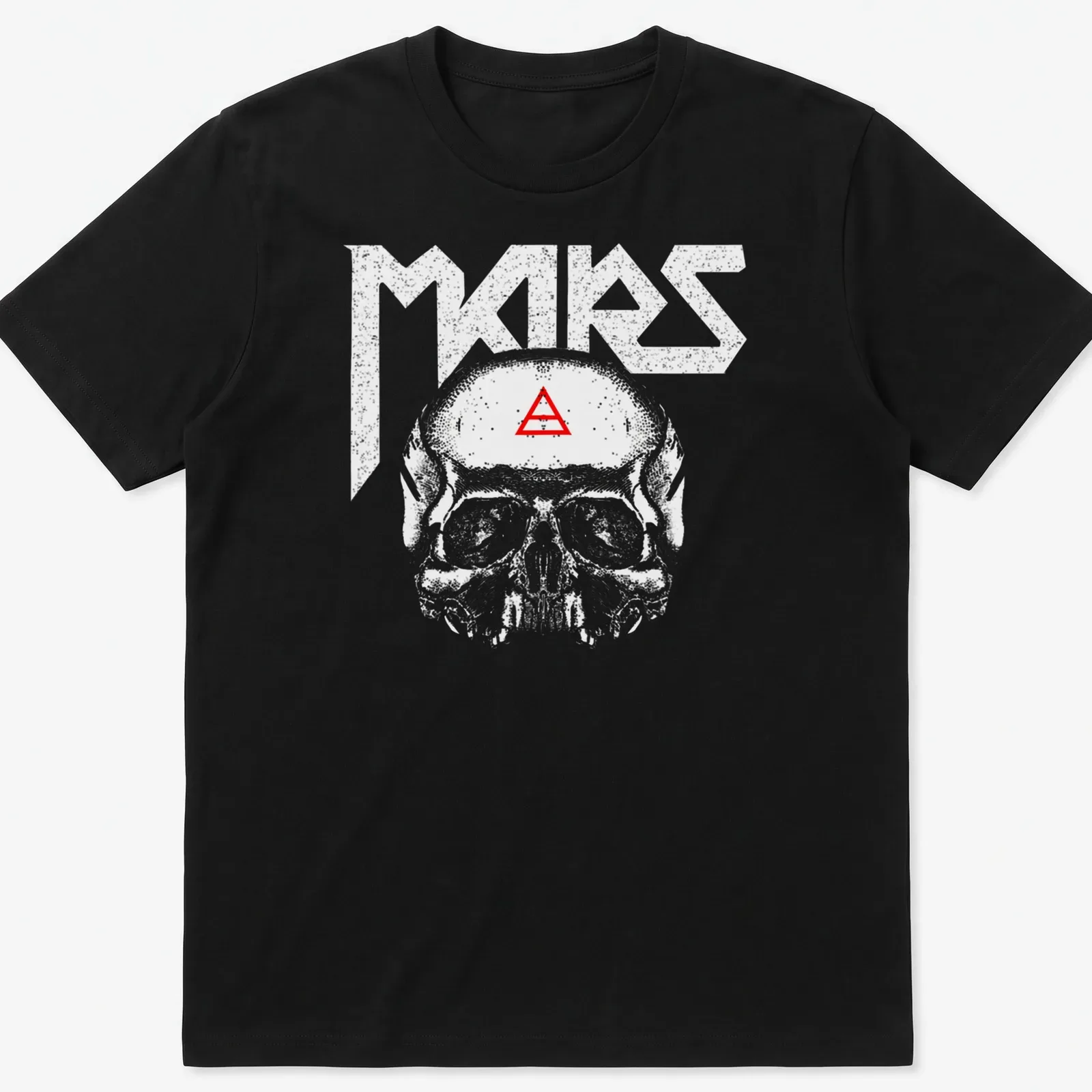 Minimalist T-shirt featuring a triad skull with the text 'A Beautiful Lie' in white and red — printed on a unisex t-shirt