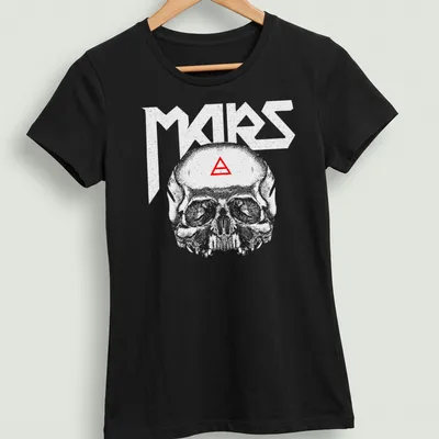 Minimalist T-shirt featuring a triad skull with the text 'A Beautiful Lie' in white and red — printed on a women's shirt