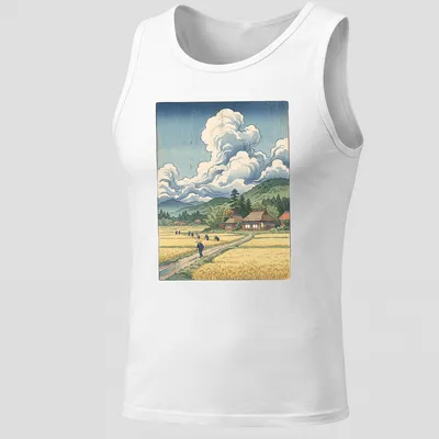 Illustration of farmers in a rice field with traditional Japanese woodblock style — printed on a tank top