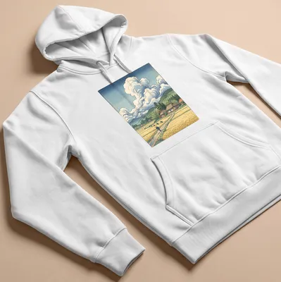 Illustration of farmers in a rice field with traditional Japanese woodblock style — printed on a unisex hoodie