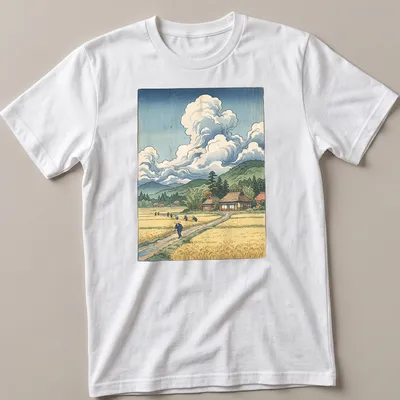 Illustration of farmers in a rice field with traditional Japanese woodblock style — printed on a unisex t-shirt