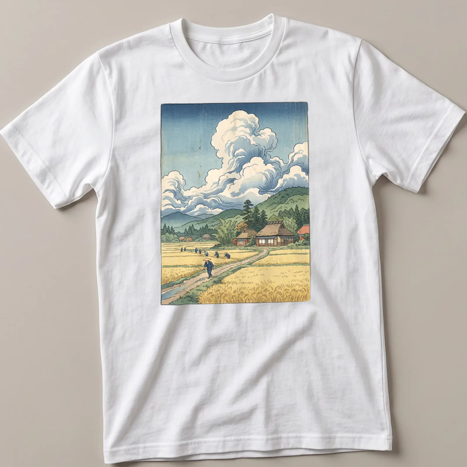 Illustration of farmers in a rice field with traditional Japanese woodblock style — printed on a unisex t-shirt