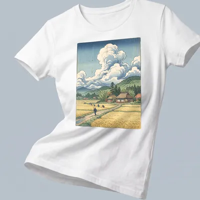 Illustration of farmers in a rice field with traditional Japanese woodblock style — printed on a women's shirt