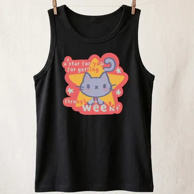 Kawaii-style cat t-shirt featuring a cute gray cat and uplifting text — printed on a tank top