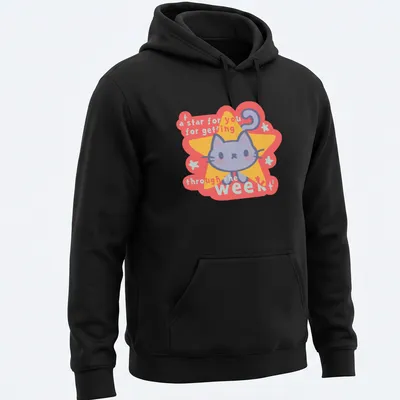 Kawaii-style cat t-shirt featuring a cute gray cat and uplifting text — printed on a unisex hoodie