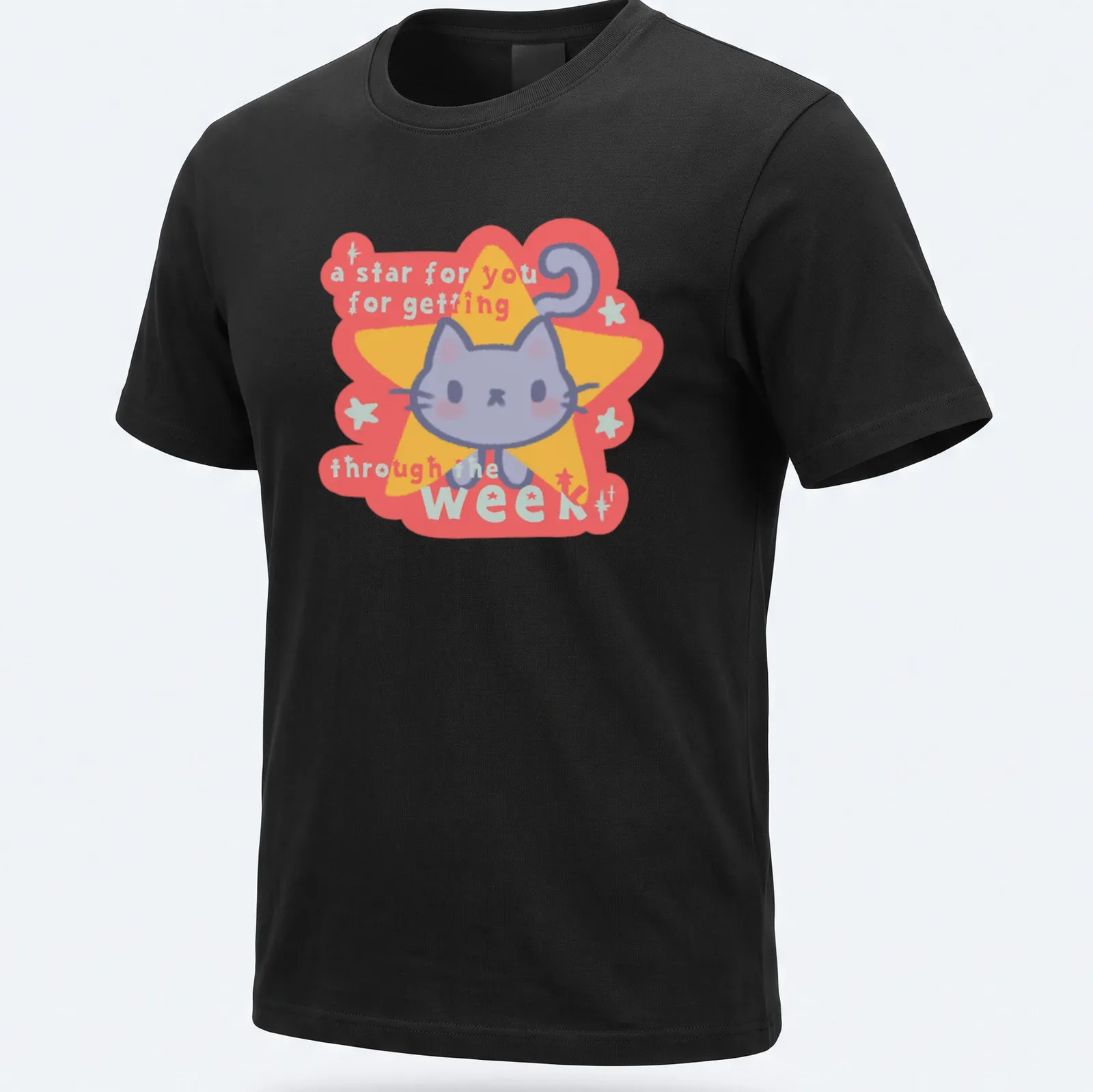 Kawaii-style cat t-shirt featuring a cute gray cat and uplifting text — printed on a unisex t-shirt