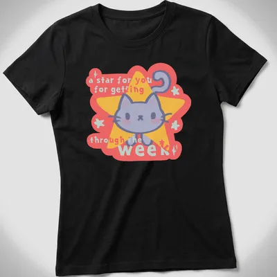 Kawaii-style cat t-shirt featuring a cute gray cat and uplifting text — printed on a women's shirt