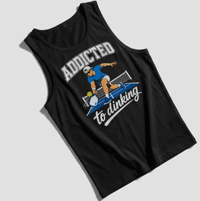Vector illustration of a pickleball player with text Addicted to Dinking — printed on a tank top