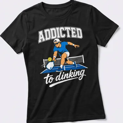 Vector illustration of a pickleball player with text Addicted to Dinking — printed on a women's shirt
