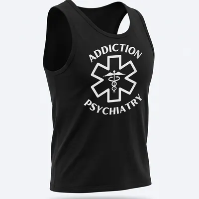 Caduceus symbol and text 'ADDICTION PSYCHIATRY' in clean modern style. — printed on a tank top