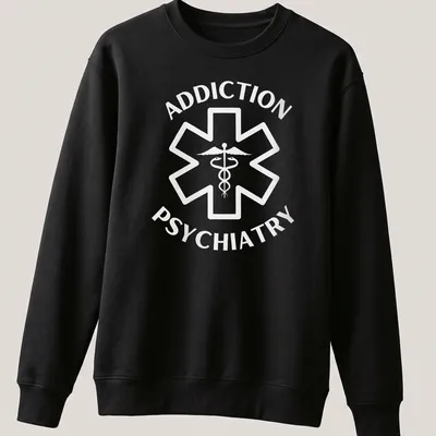 Caduceus symbol and text 'ADDICTION PSYCHIATRY' in clean modern style. — printed on a unisex sweatshirt