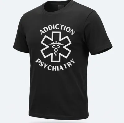 Caduceus symbol and text 'ADDICTION PSYCHIATRY' in clean modern style. — printed on a unisex t-shirt