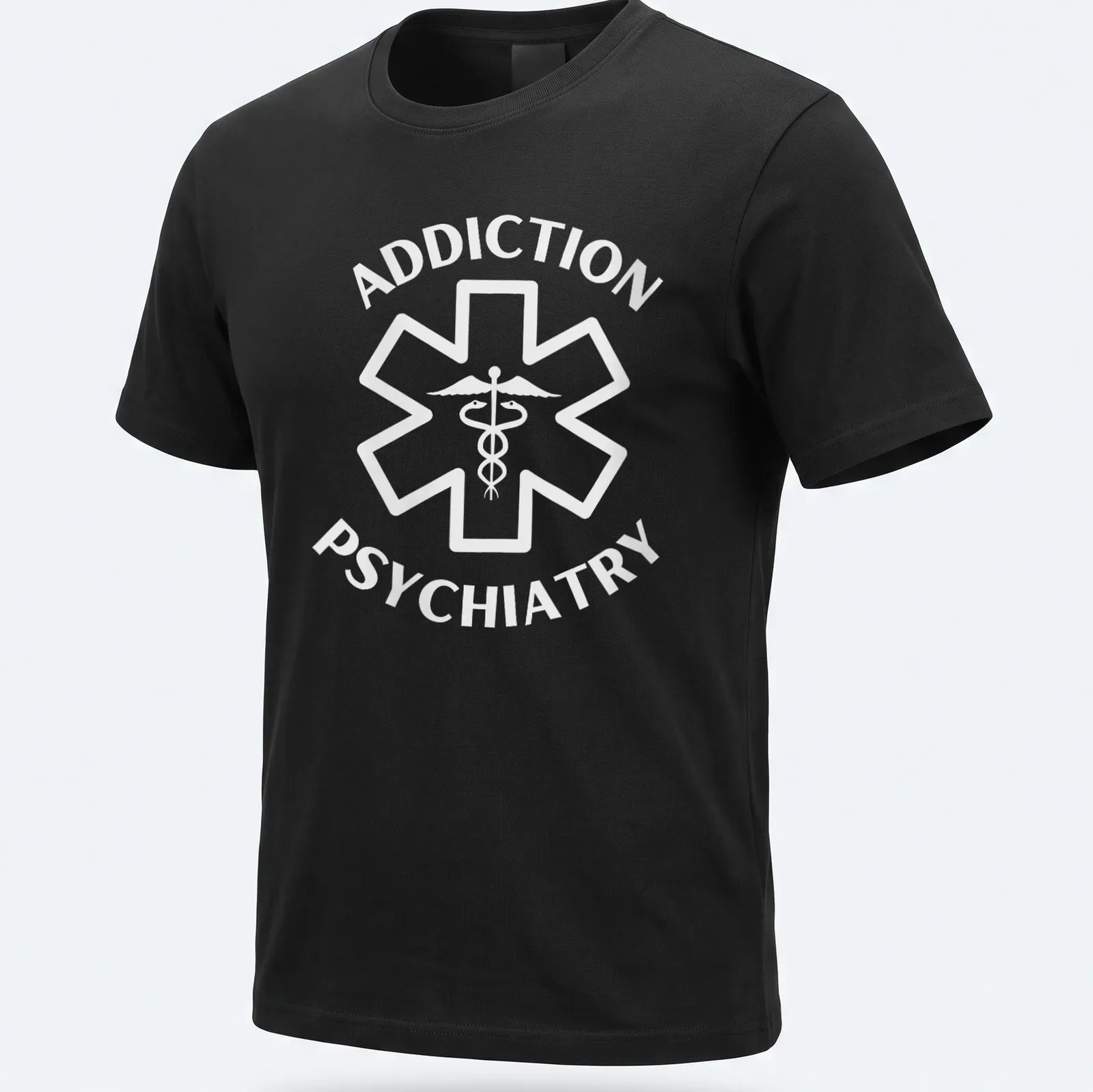 Caduceus symbol and text 'ADDICTION PSYCHIATRY' in clean modern style. — printed on a unisex t-shirt